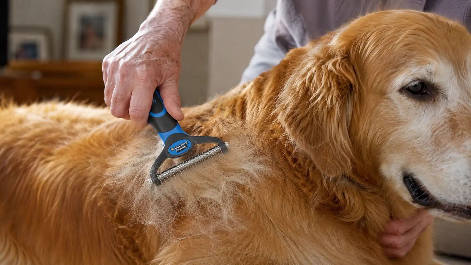 Close-up of a hand using the Maxpower Planet blue deshedding rake to brush through a golden retriever's thick undercoat
