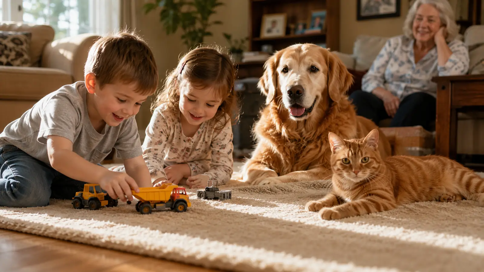 Grandkids playing on a clean living room rug with a golden retriever and an orange cat resting nearby, no visible fur on the rug