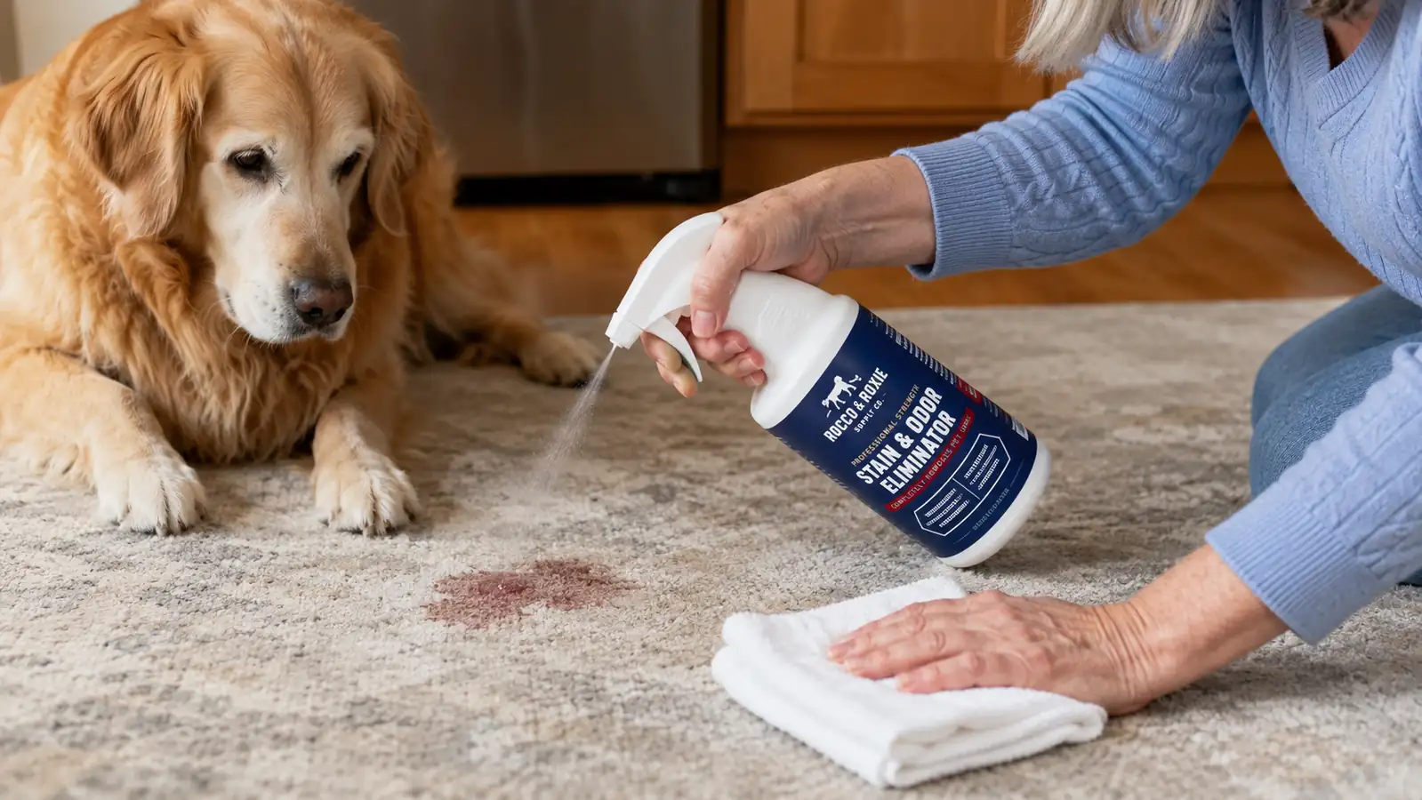 A hand spraying enzyme cleaner onto a carpet stain before blotting it with a folded white cloth