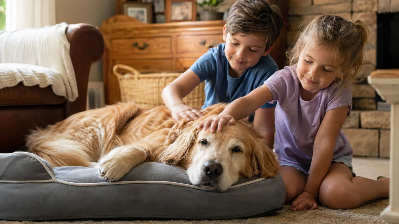Grandkids sitting on the living room floor petting a golden retriever resting on his orthopedic bed