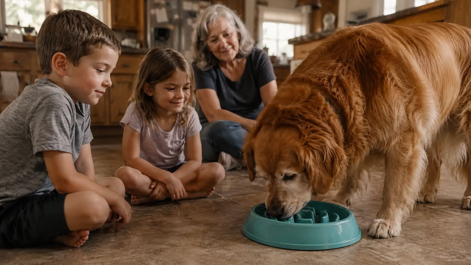 Grandkids sitting on the kitchen floor watching a golden retriever eat calmly from his slow feeder bowl