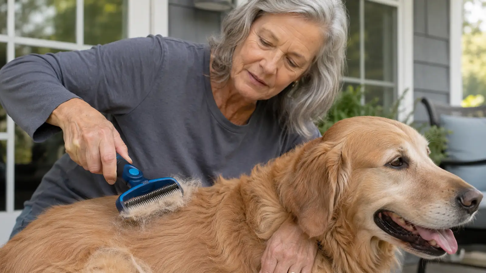 Close-up of a hand using a blue double-sided deshedding rake through a dog's thick golden undercoat