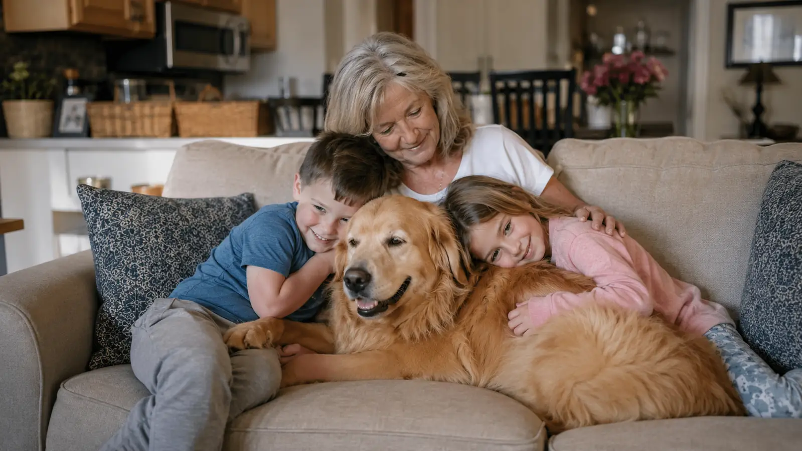A tidy living room couch with two young grandchildren and a golden retriever resting together, no loose fur visible