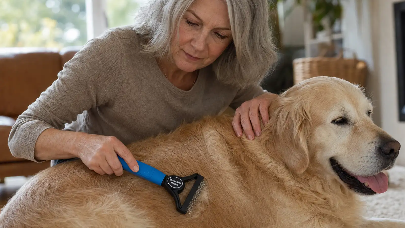 Close-up of a hand slowly guiding the blue double-sided deshedding rake along a senior golden retriever's hip with a gentle, careful grip