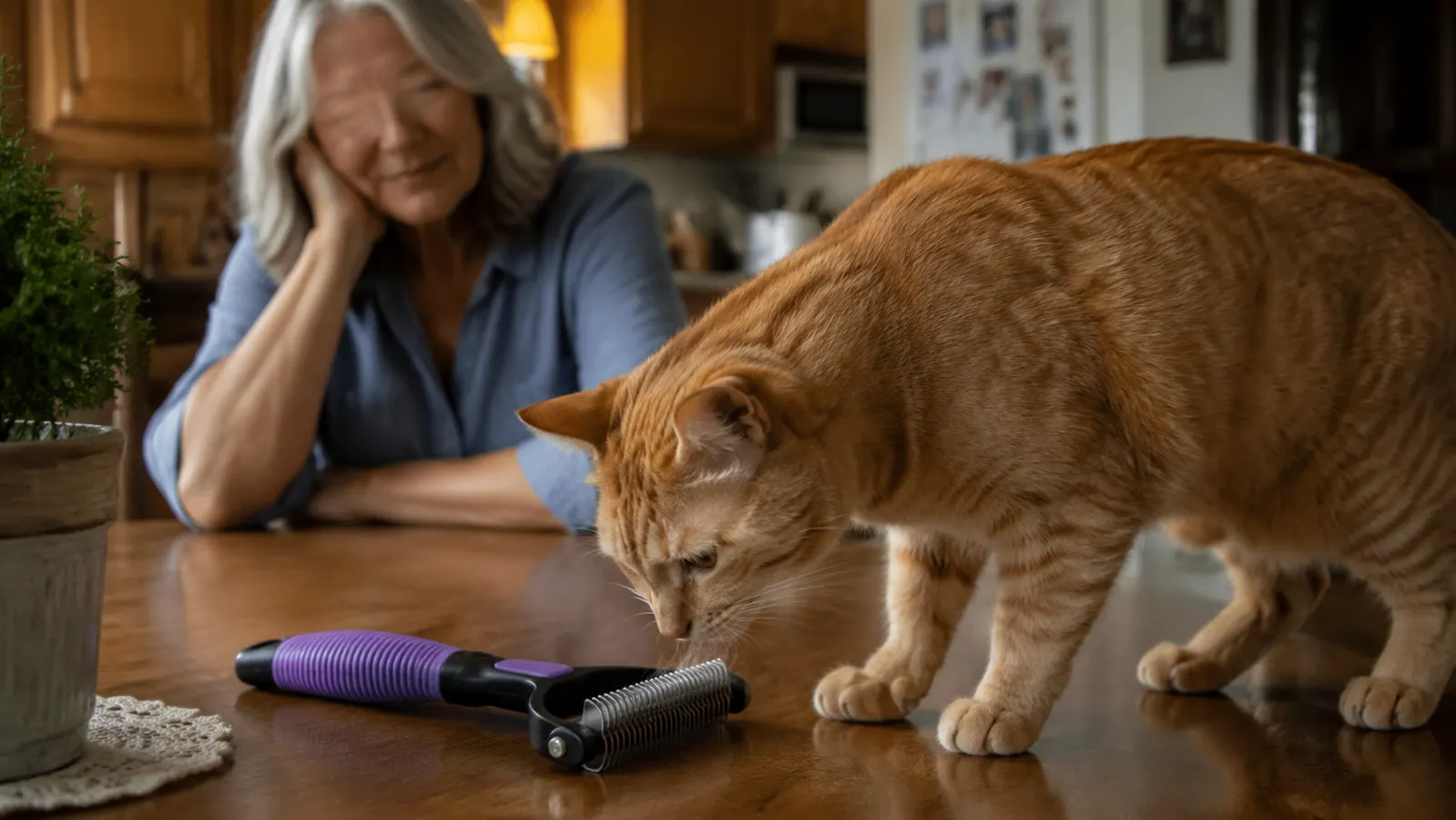 An orange tabby cat sniffing the deshedding rake suspiciously on a kitchen table while it sits unused beside her
