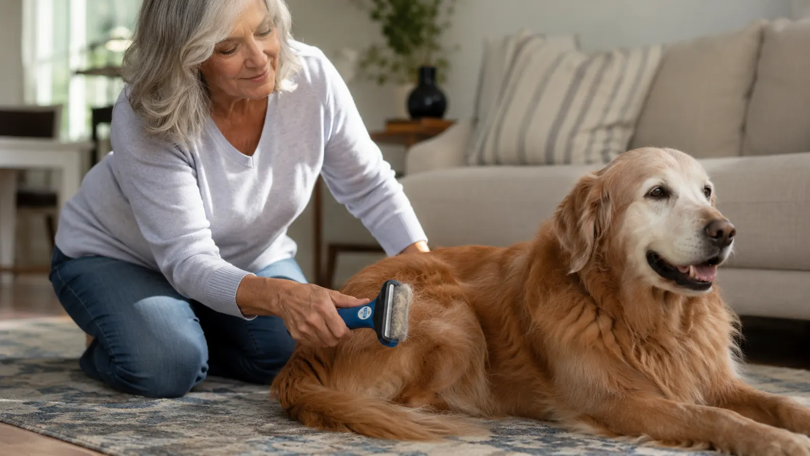 Close-up of a hand carefully guiding the blue double-sided deshedding rake along a golden retriever's hip with light, gentle pressure