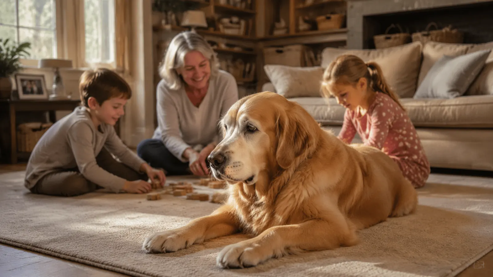 A golden retriever resting calmly on a clean living room rug while two grandchildren play nearby on a weekend afternoon