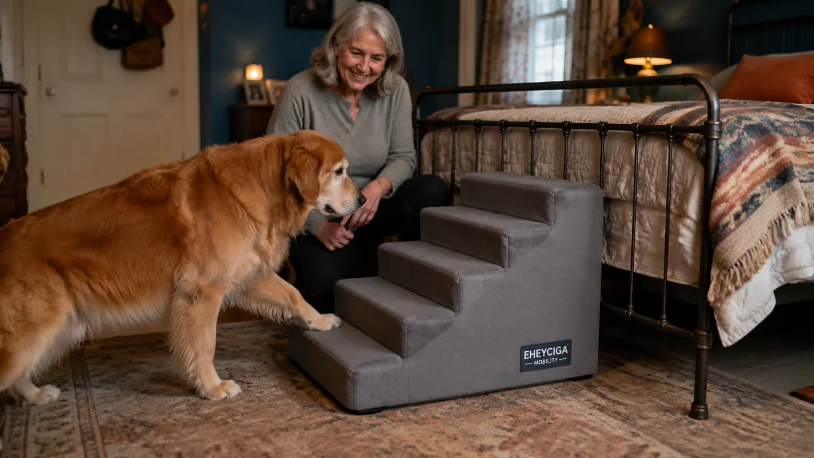 Grey five-step pet stairs positioned against the side of a bed with a dog climbing the first step