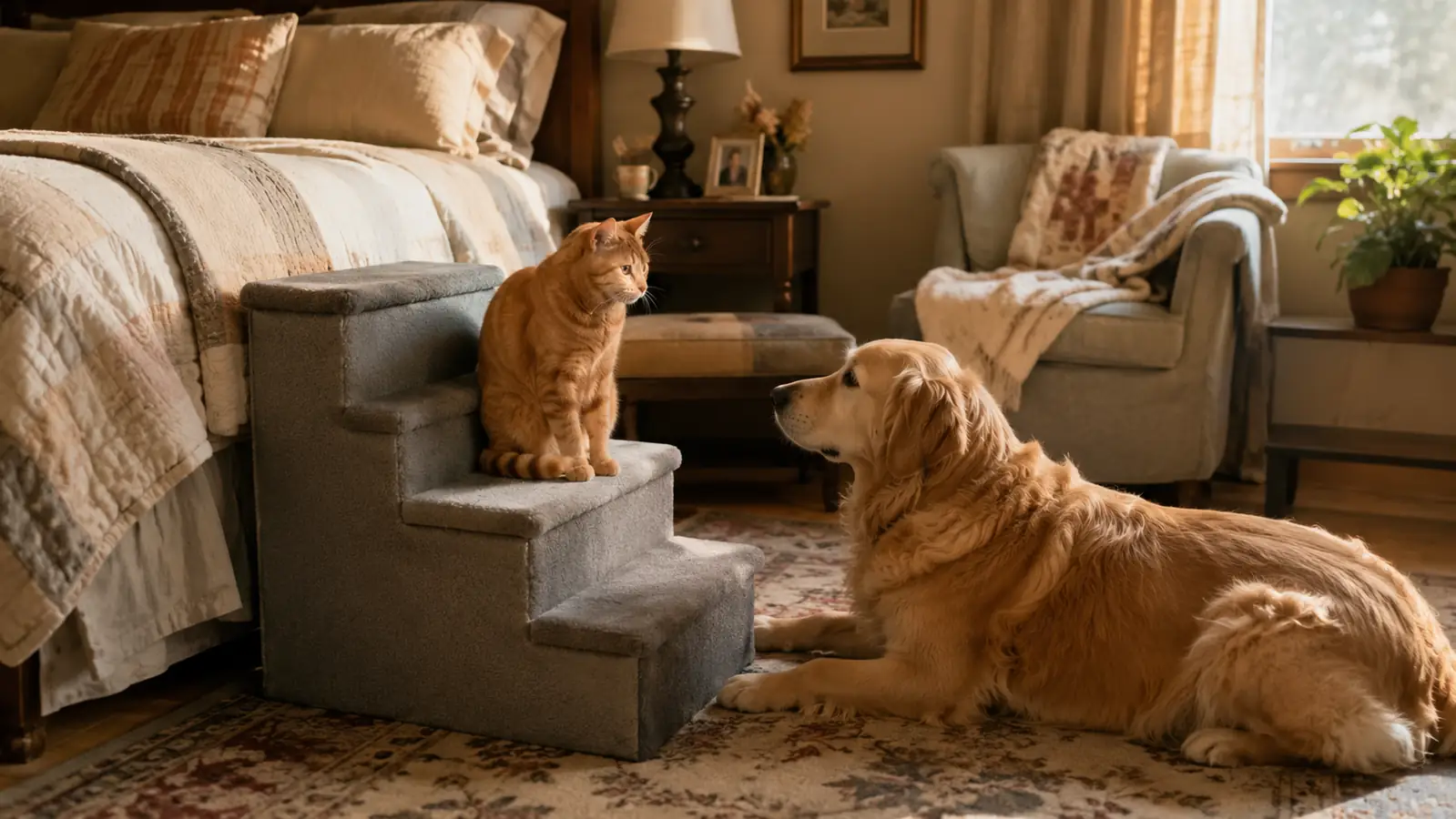 An orange tabby cat sitting on the middle step of grey pet stairs while a Golden Retriever waits below in a sunlit bedroom