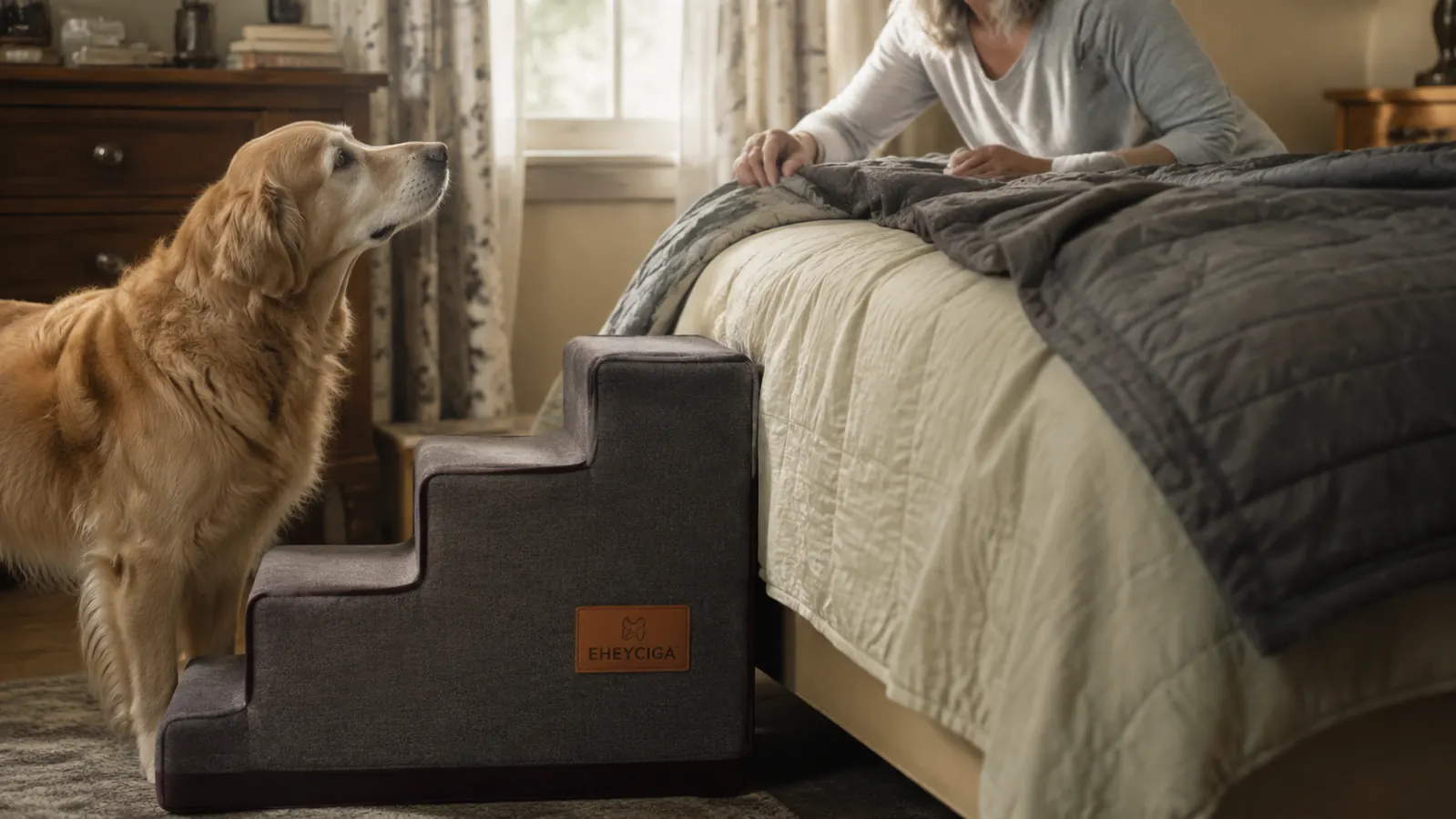 Senior golden retriever standing at the base of the dog stairs looking up toward the bed