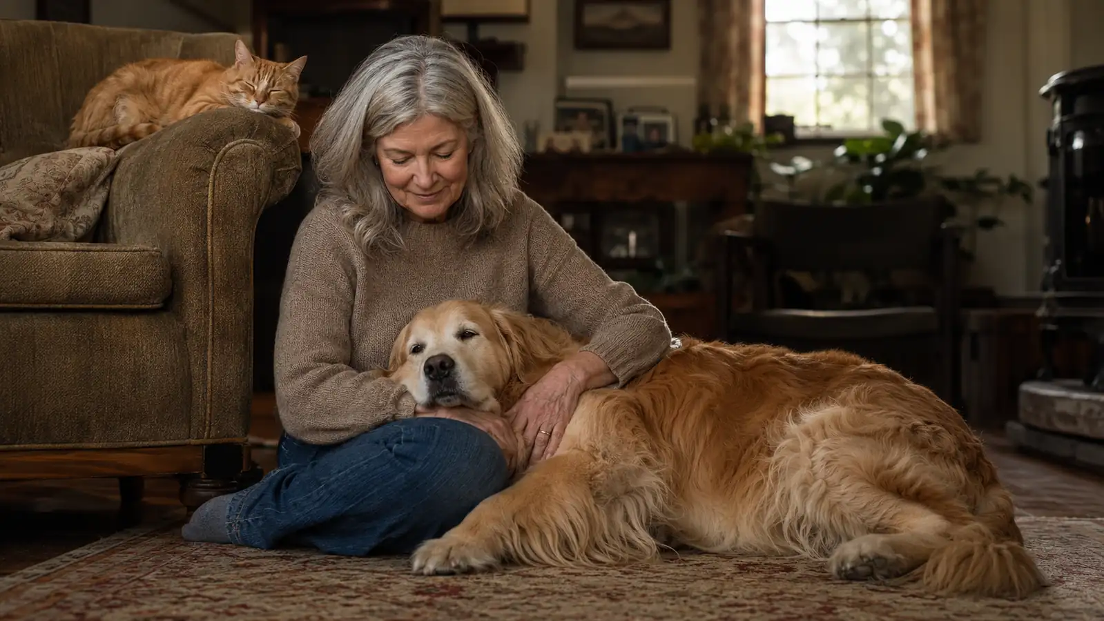 A warm, lived-in living room with a greying golden retriever resting on an orthopedic bed and an orange tabby cat curled on the couch
