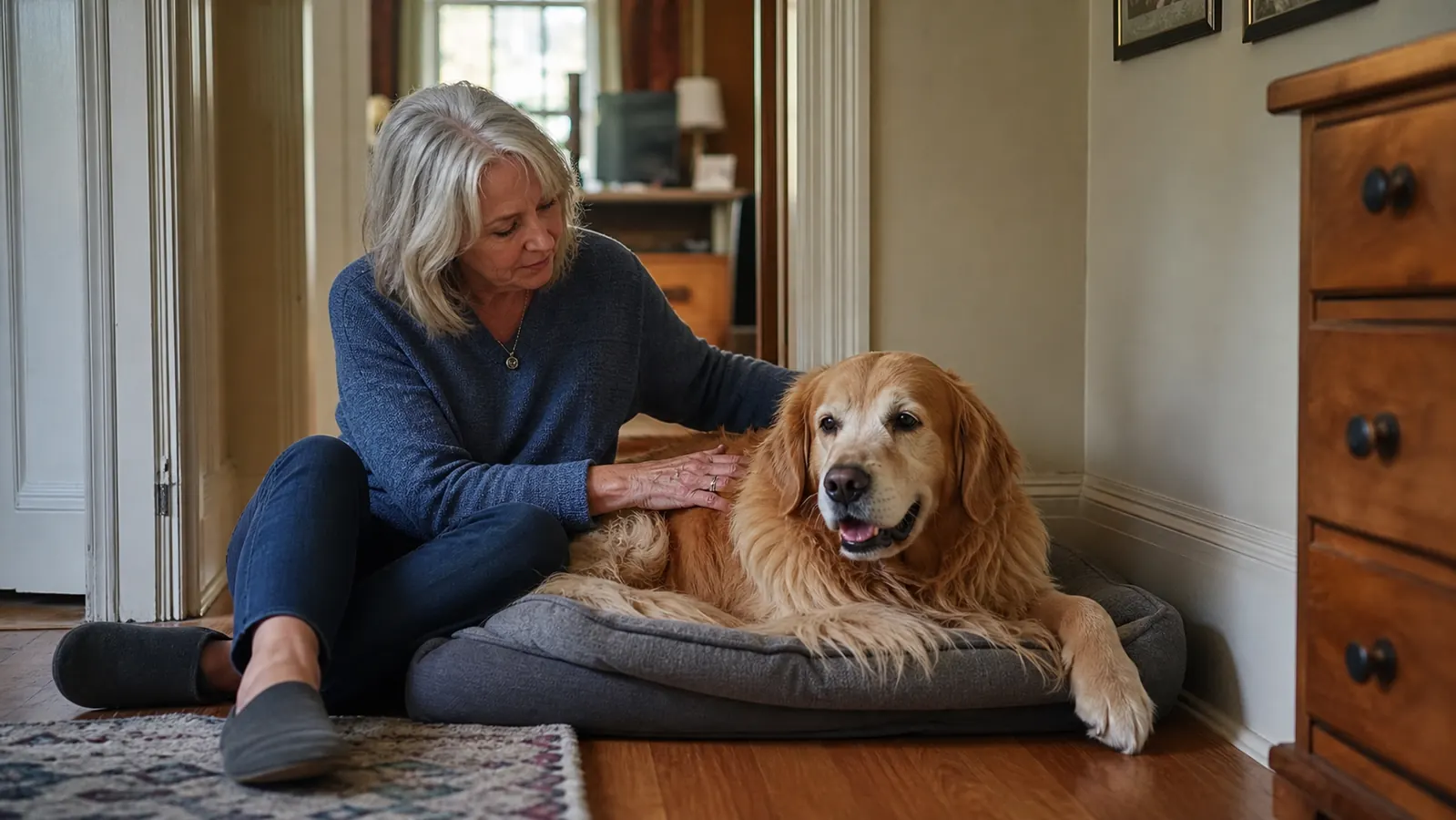 An older golden retriever resting on an orthopedic bed near a low-traffic hallway corner away from stairs