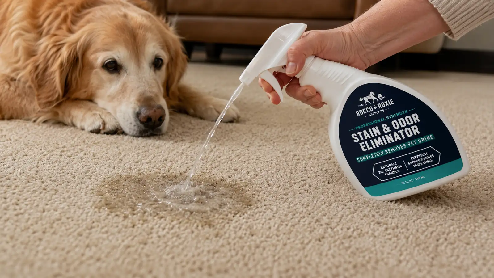 Hand pouring an enzyme pet stain and odor remover generously over a carpet stain so it soaks in rather than just sitting on top