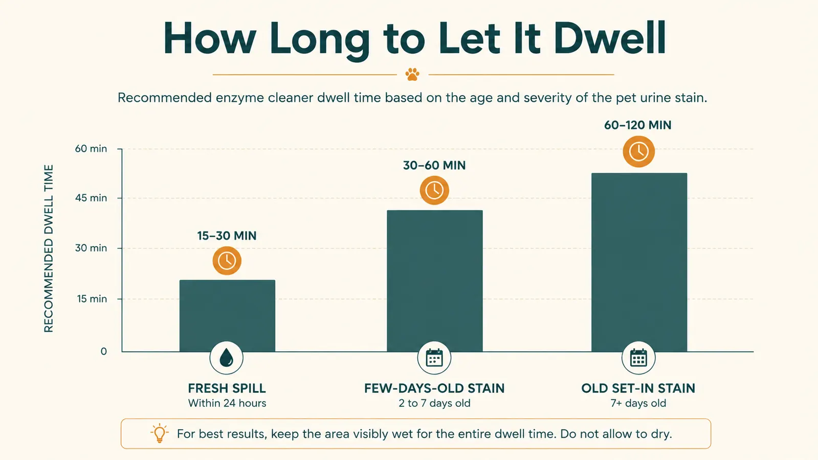 Simple chart showing recommended enzyme cleaner dwell time increasing with how old and set-in a pet urine stain is