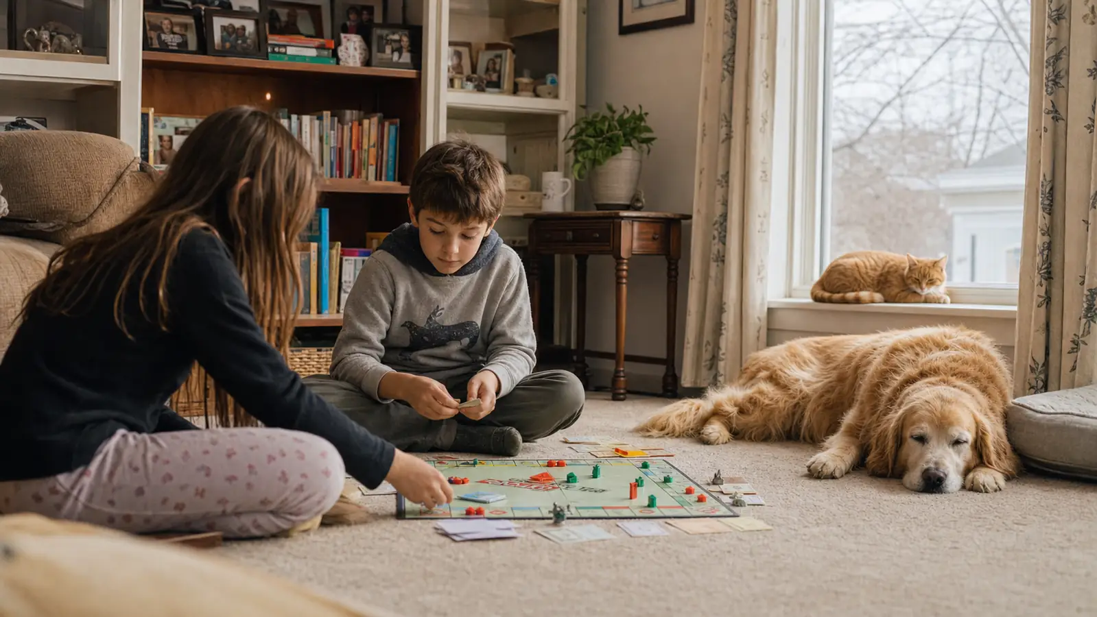 Two grandkids playing on a clean living room carpet while an orange tabby cat naps nearby and a golden retriever lies by the window