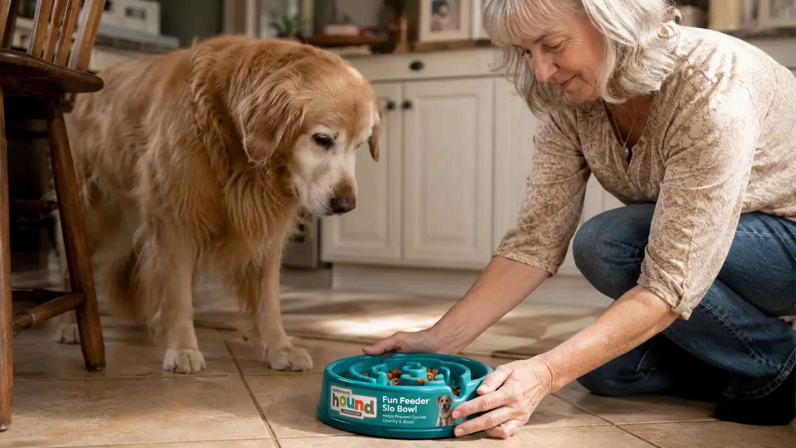 Hand setting a turquoise ridged slow feeder bowl filled with kibble down on a kitchen floor