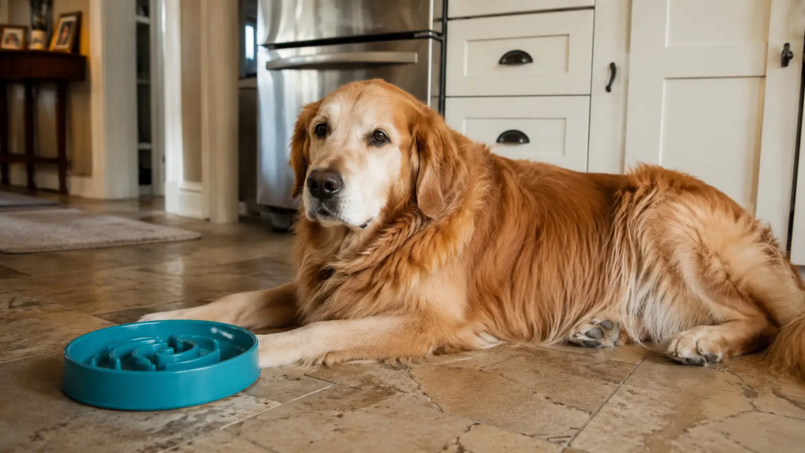 Golden retriever resting calmly on the kitchen floor after finishing a meal, no gagging or restlessness