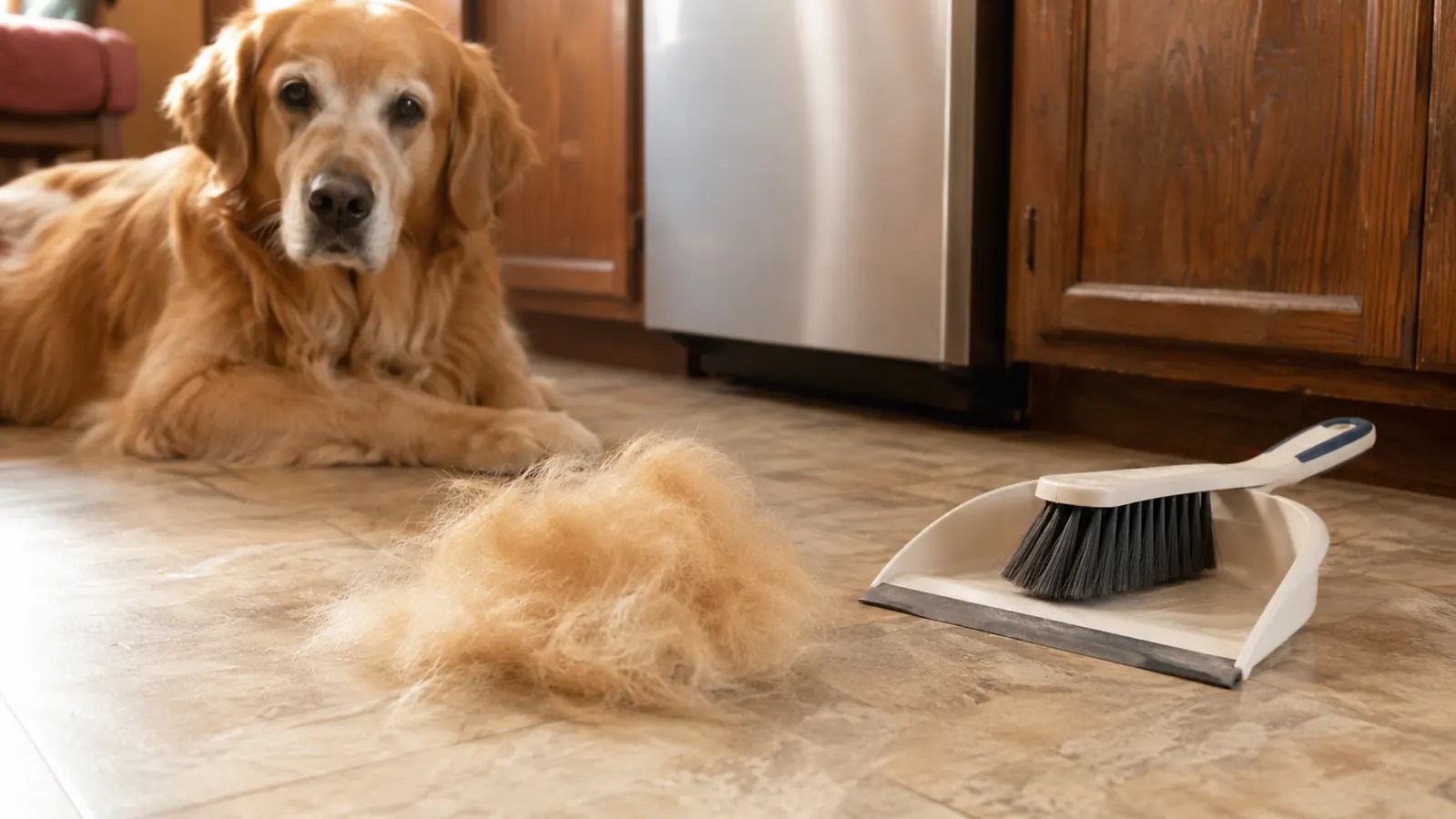 Small pile of loose dog fur next to a dustpan on a clean kitchen floor after a brushing session