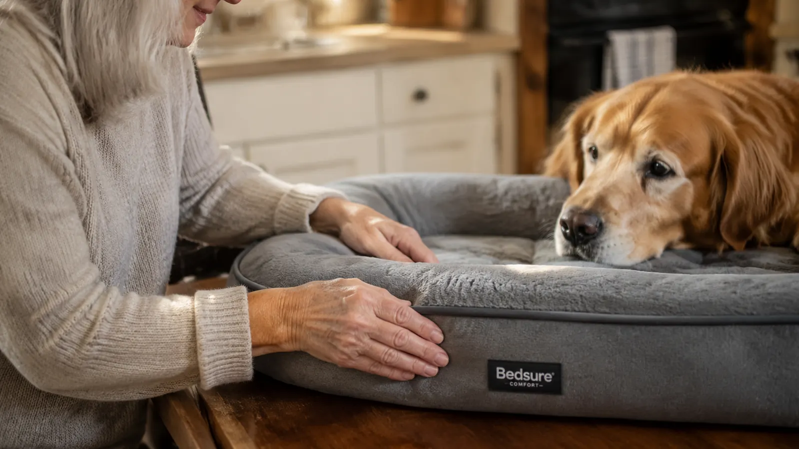 Close-up of an older woman's hand smoothing the raised bolster edge of a grey orthopedic dog bed