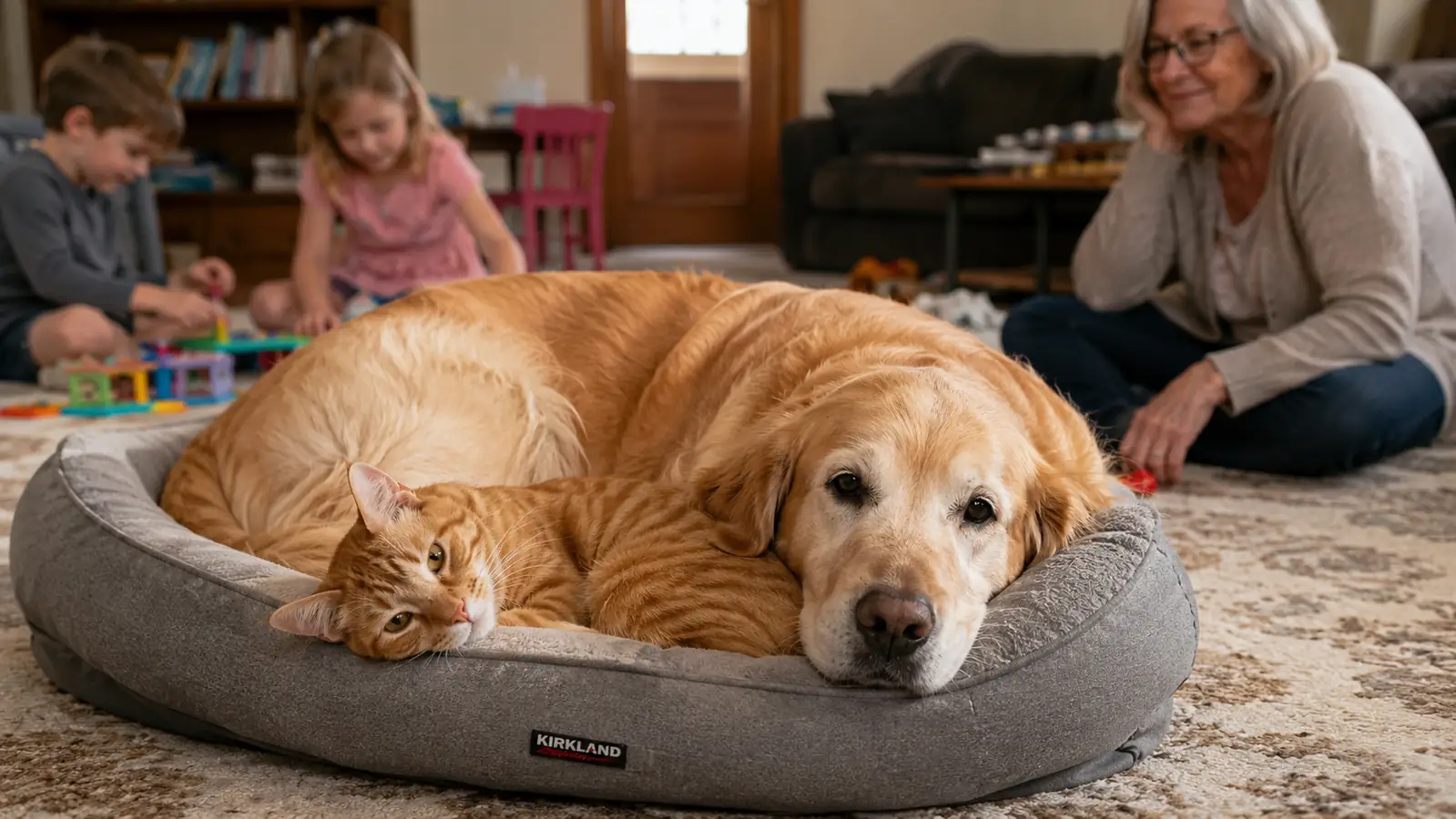 An orange tabby cat and a Golden Retriever both curled together on a grey bolster dog bed while grandkids play nearby