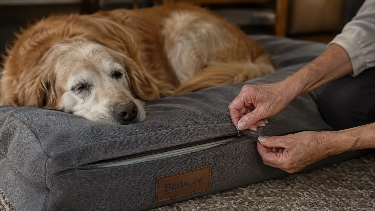 A hand gripping the zipper pull on the grey removable bed cover, showing how small and stiff the tab is to grasp