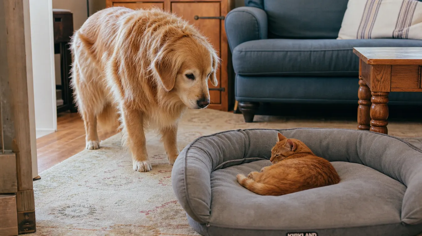 An orange tabby cat curled up in the center of the grey bolster dog bed while a Golden Retriever waits nearby