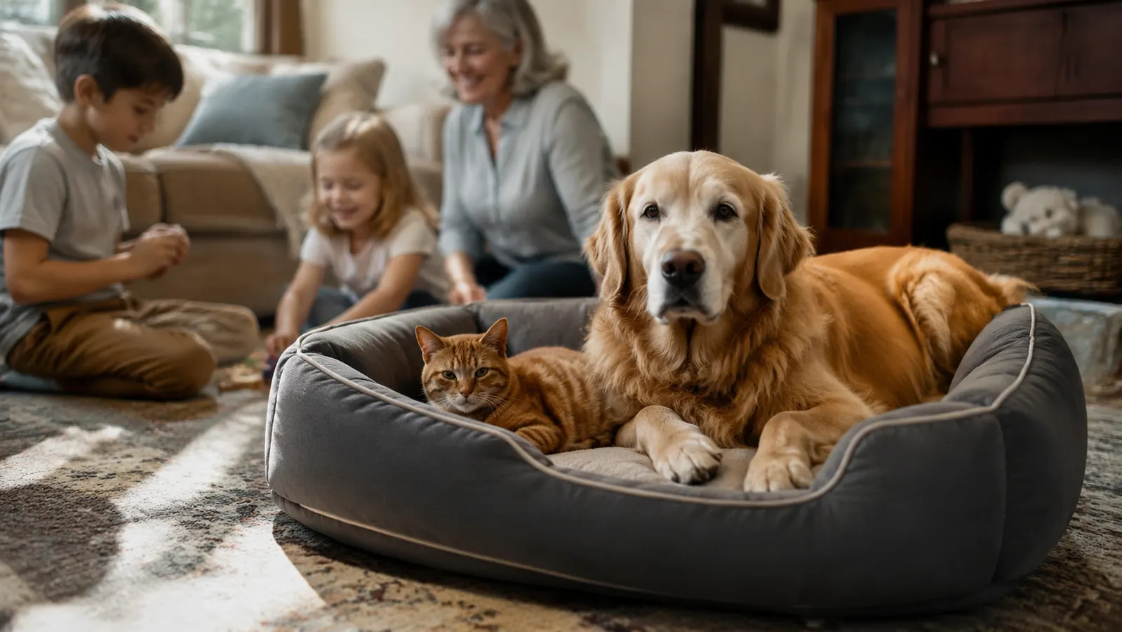 An orange tabby cat and a Golden Retriever both resting on the same grey bolster dog bed in a sunlit living room while grandkids play in the background