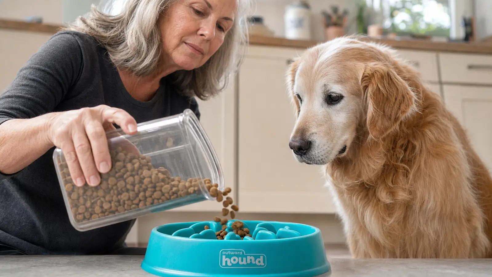 Close-up of a hand pouring kibble into a turquoise slow feeder bowl with raised drop-pattern ridges