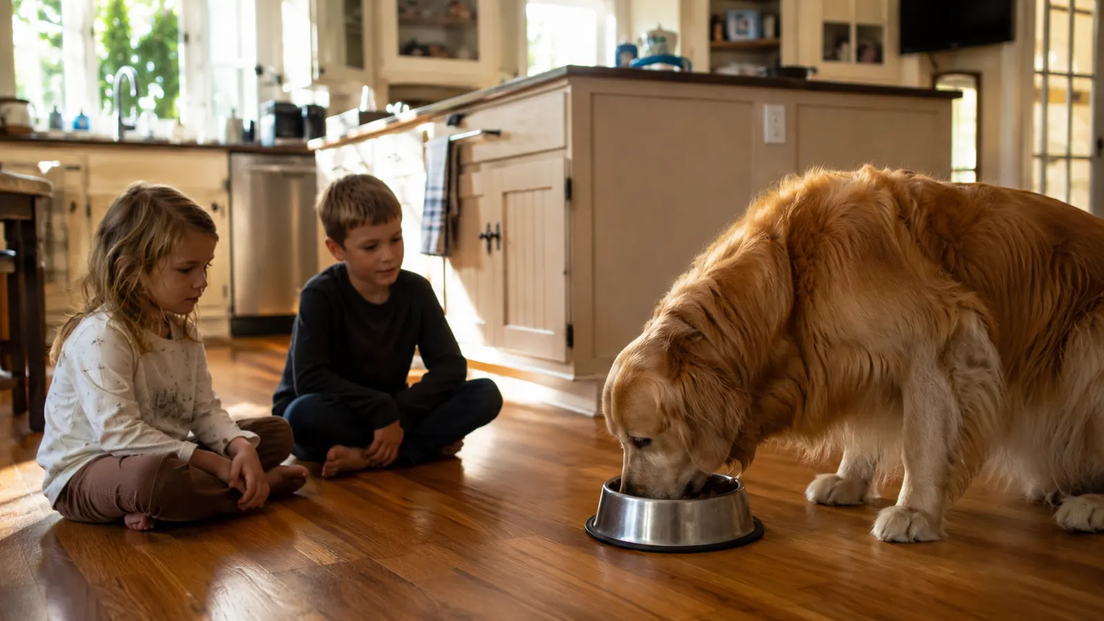 Two grandchildren sitting on the kitchen floor watching a golden retriever eat slowly from his bowl without any mess nearby