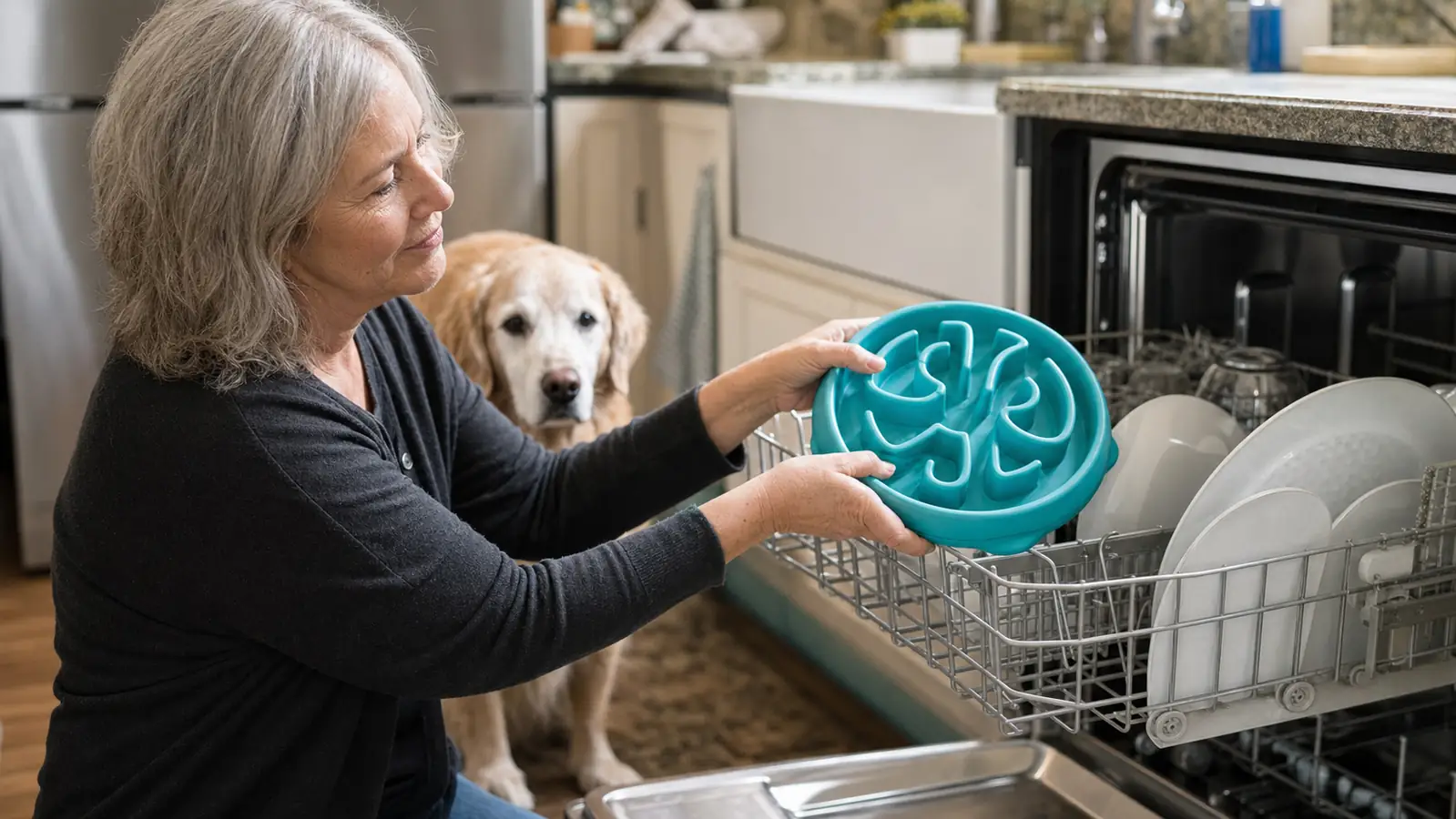 A hand loading a turquoise ridged slow feeder bowl into the top rack of a dishwasher, grooves visible