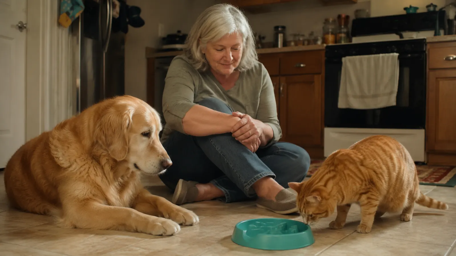 An orange tabby cat sniffing curiously at an empty turquoise slow feeder bowl on the kitchen floor