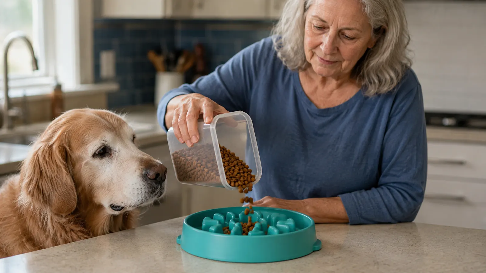 Close-up of a hand pouring kibble into a turquoise slow feeder bowl with raised maze ridges visible