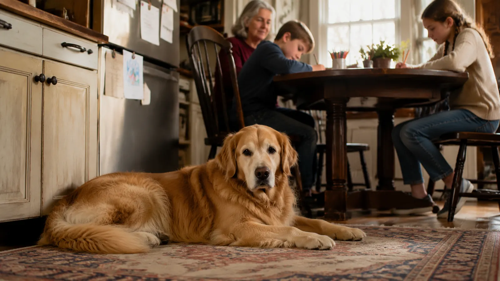A Golden Retriever resting calmly on a kitchen rug after a meal while two grandkids do homework at the table nearby