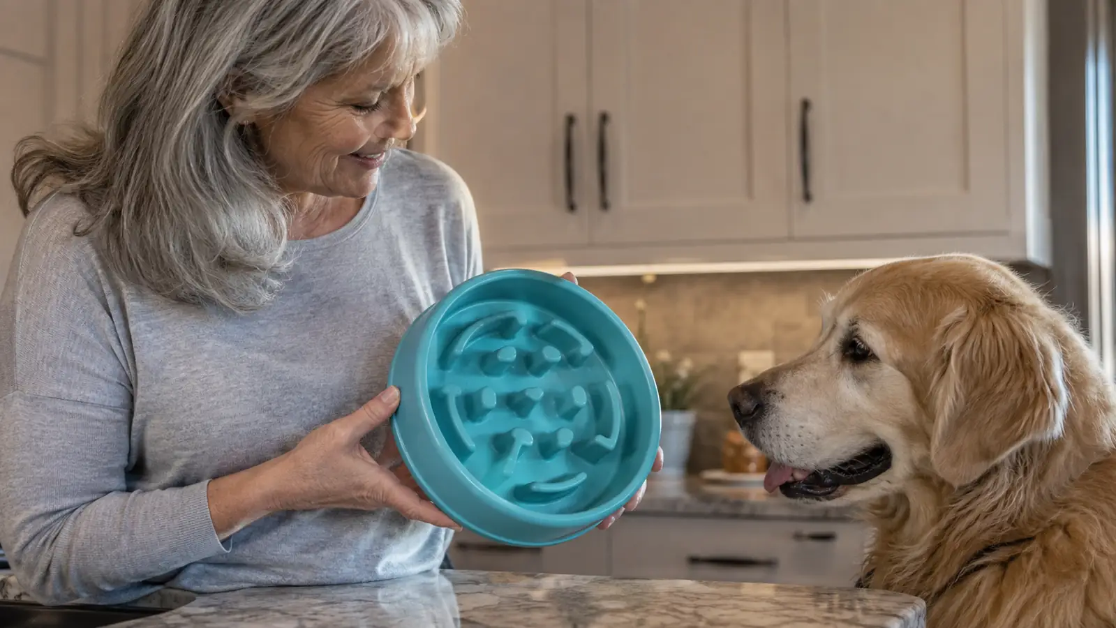 Close-up of a hand holding the turquoise Outward Hound Fun Feeder Slo Bowl showing the raised maze ridges, with kibble scattered through the channels