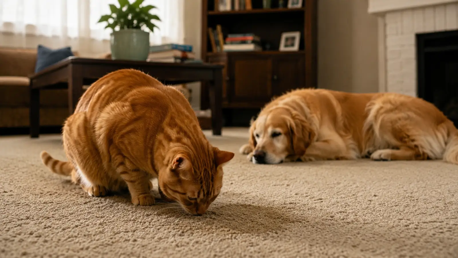 An orange tabby cat sniffing curiously at a just-cleaned patch of carpet while a Golden Retriever naps nearby