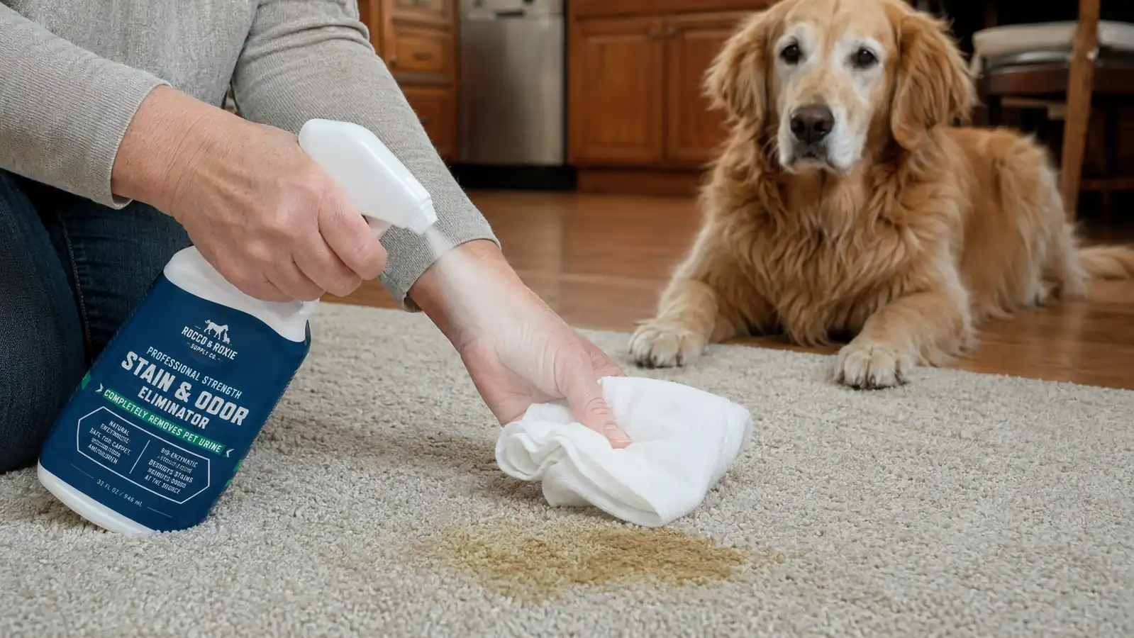 A hand spraying enzyme cleaner directly onto a carpet stain before blotting it with a white cloth