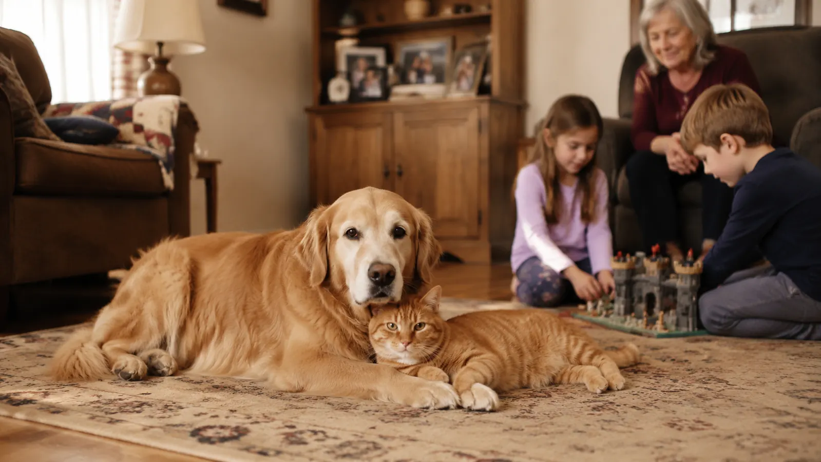 An orange tabby cat and a Golden Retriever resting calmly together on a clean living room rug while grandkids play nearby