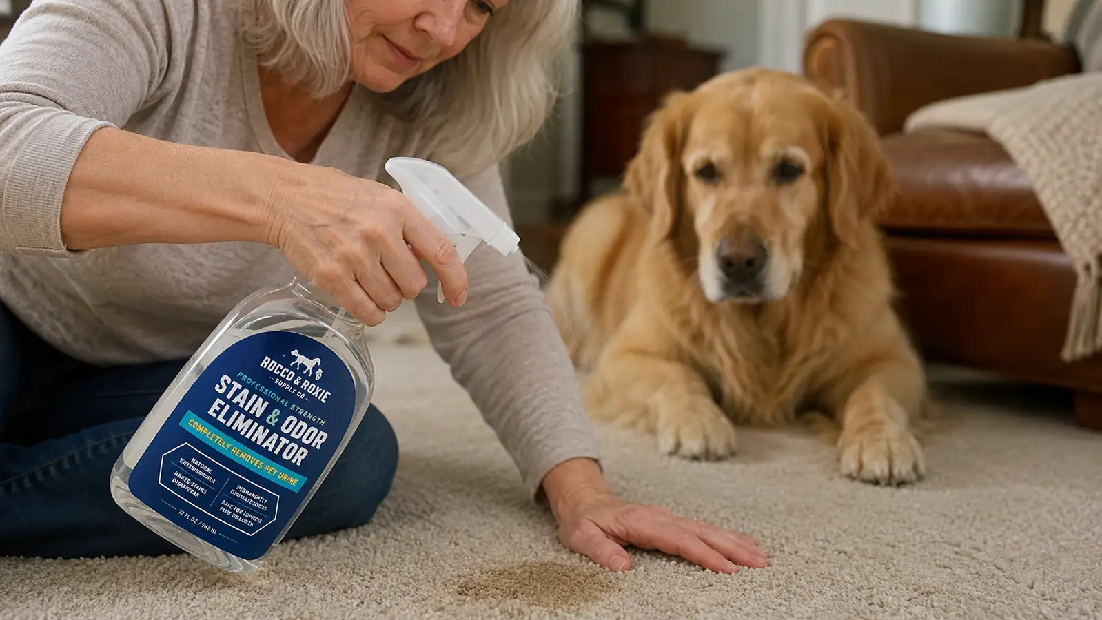 Close-up of a hand holding the Rocco and Roxie spray bottle and misting it directly onto a carpet stain